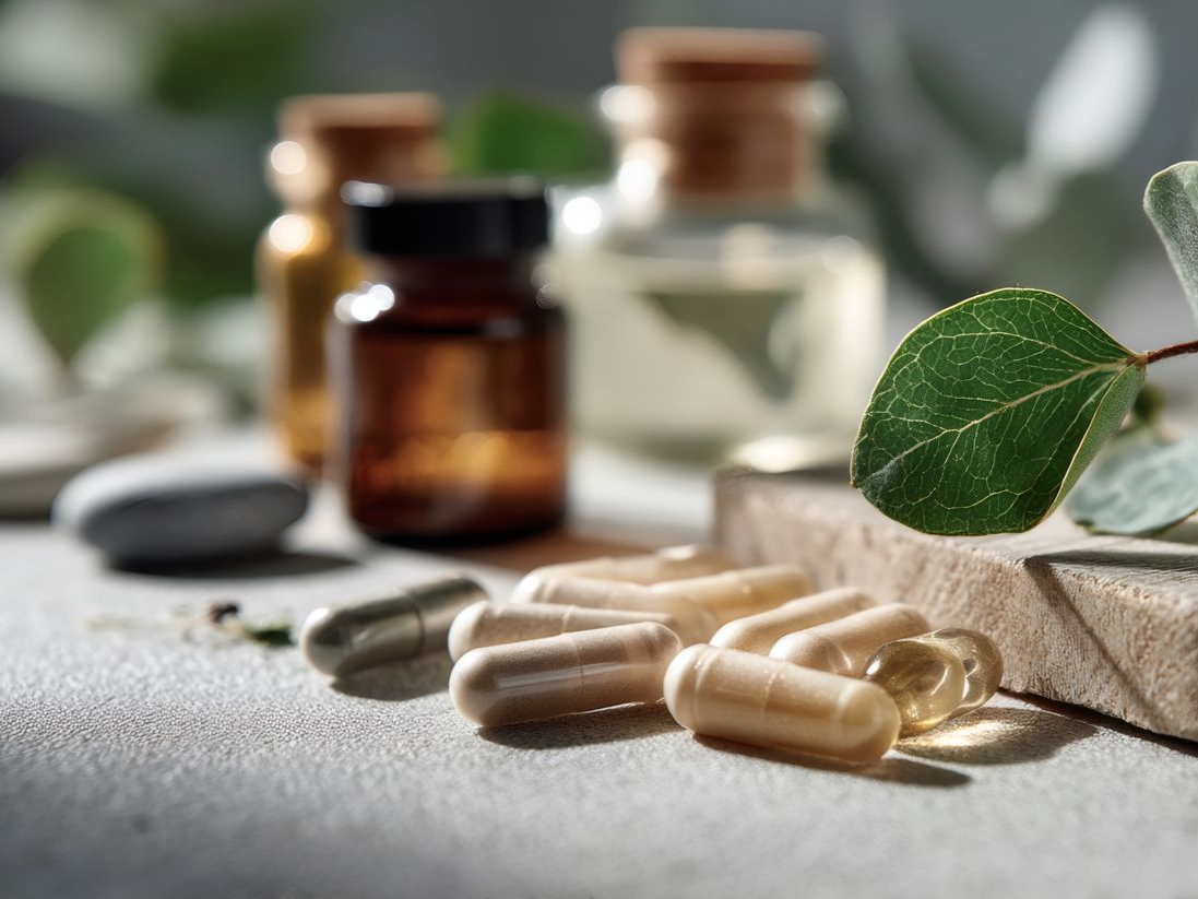 Gros plan sur des gélules et des flacons en arrière plan.