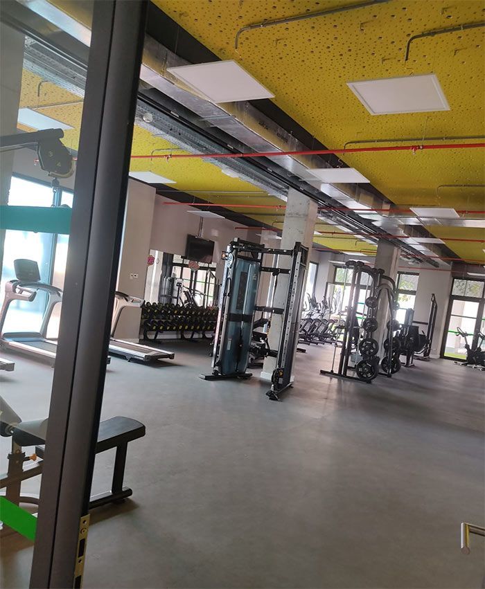Interior de gimnasio moderno con máquinas de ejercicio, grandes ventanales y paneles de techo amarillos.