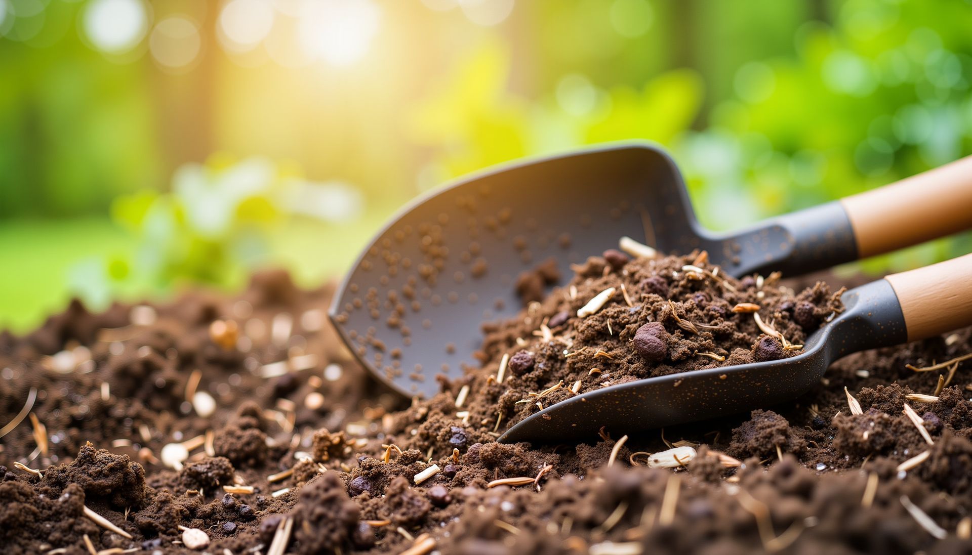Une truelle de jardin en métal remplie de terre riche et sombre repose sur un parterre de jardin dont le fond, baigné de soleil, est teinté de vert flou.