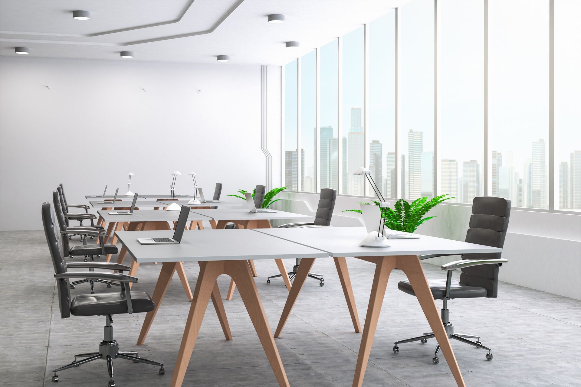 Un espace de bureaux moderne et minimaliste avec des rangées de bureaux blancs sur des pieds en bois en forme de A, des chaises ergonomiques et une vue sur la ville.