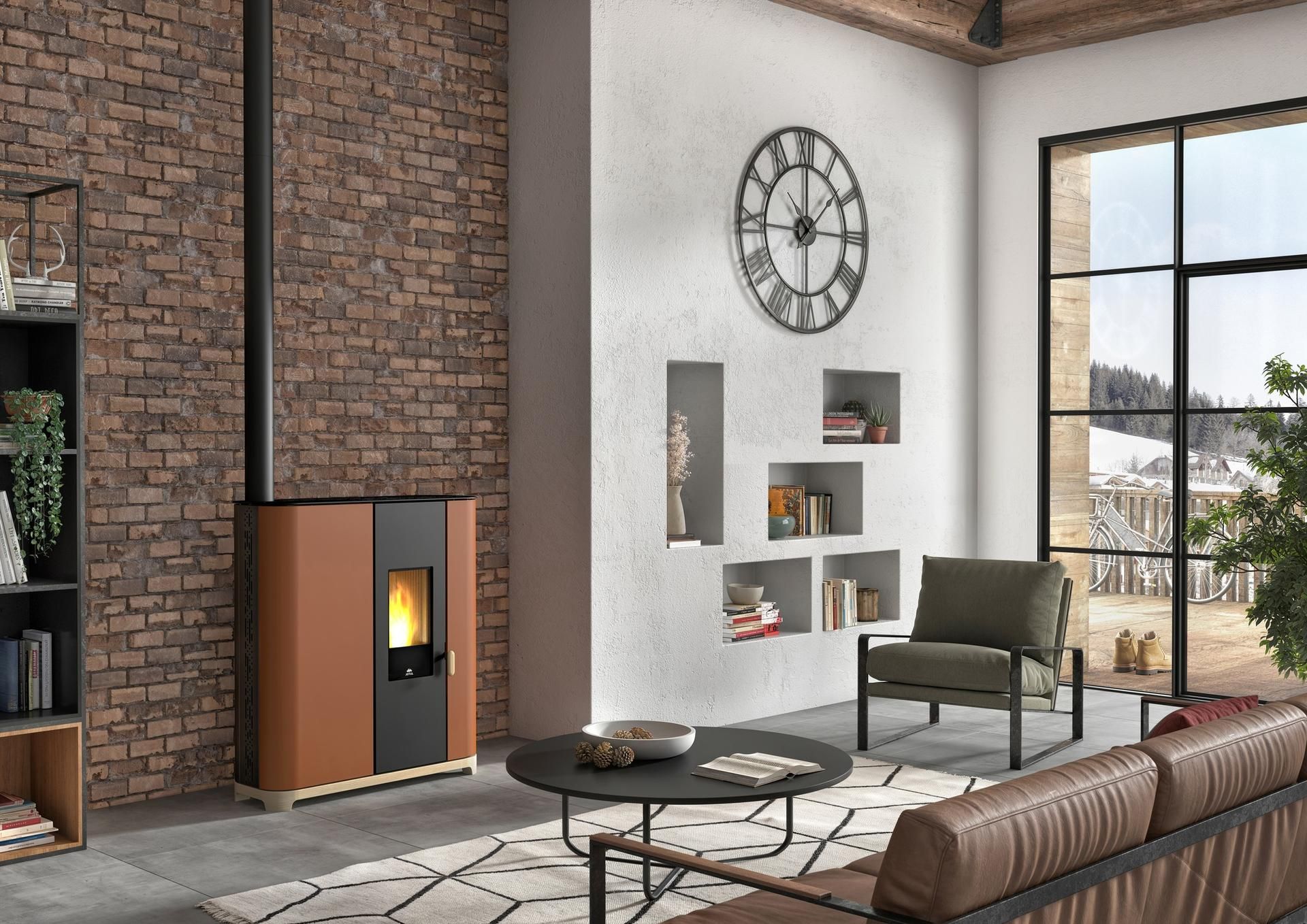 Poêle à granulés dans un salon avec un mur en pierre de parements façon brique.