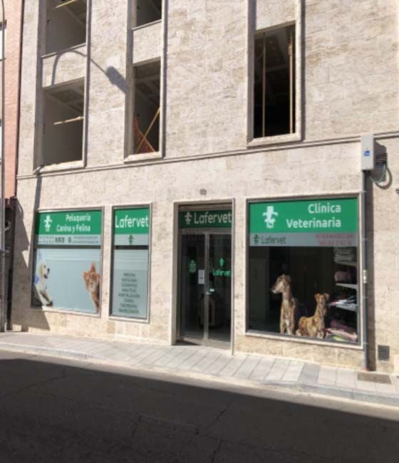 Un edificio con un cartel que dice clínica veterinaria