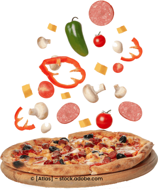 Pizza mit Zutaten in der Luft, Leonardo Intelisano Pizzeria Dolce Vita