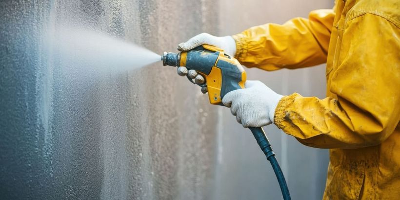 Une personne en combinaison de protection jaune pulvérise un mur avec un pistolet à eau haute pression.