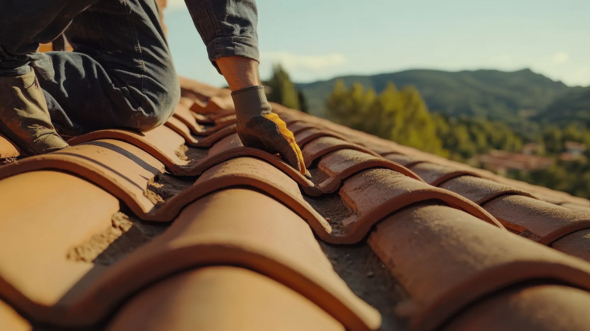 Couvreur sur un toit en tuiles en terre cuite, portant des gants, avec un arrière-plan de montagne par une journée ensoleillée.