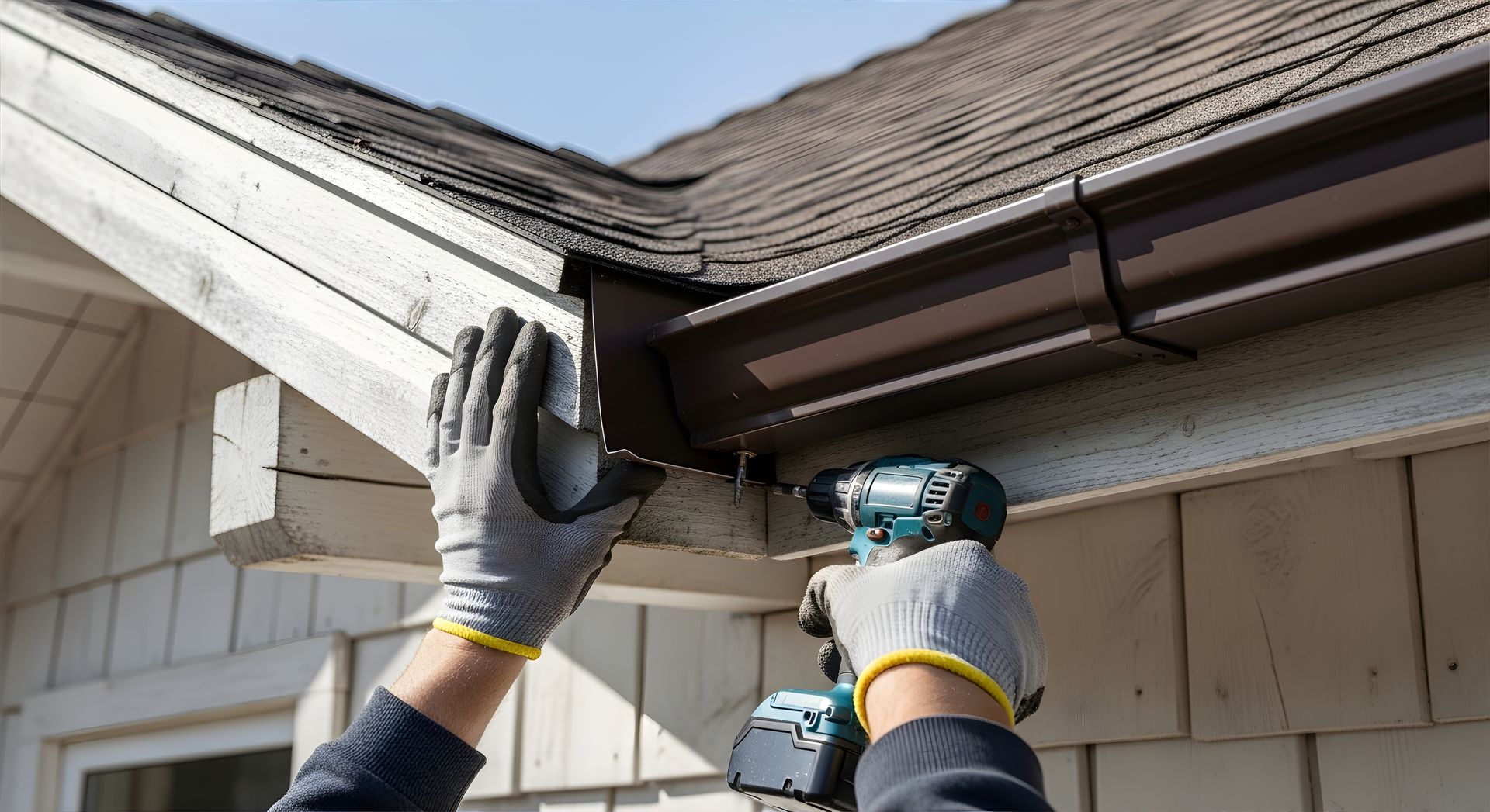 Une personne portant des gants utilise une perceuse pour installer une gouttière brune sur une maison.