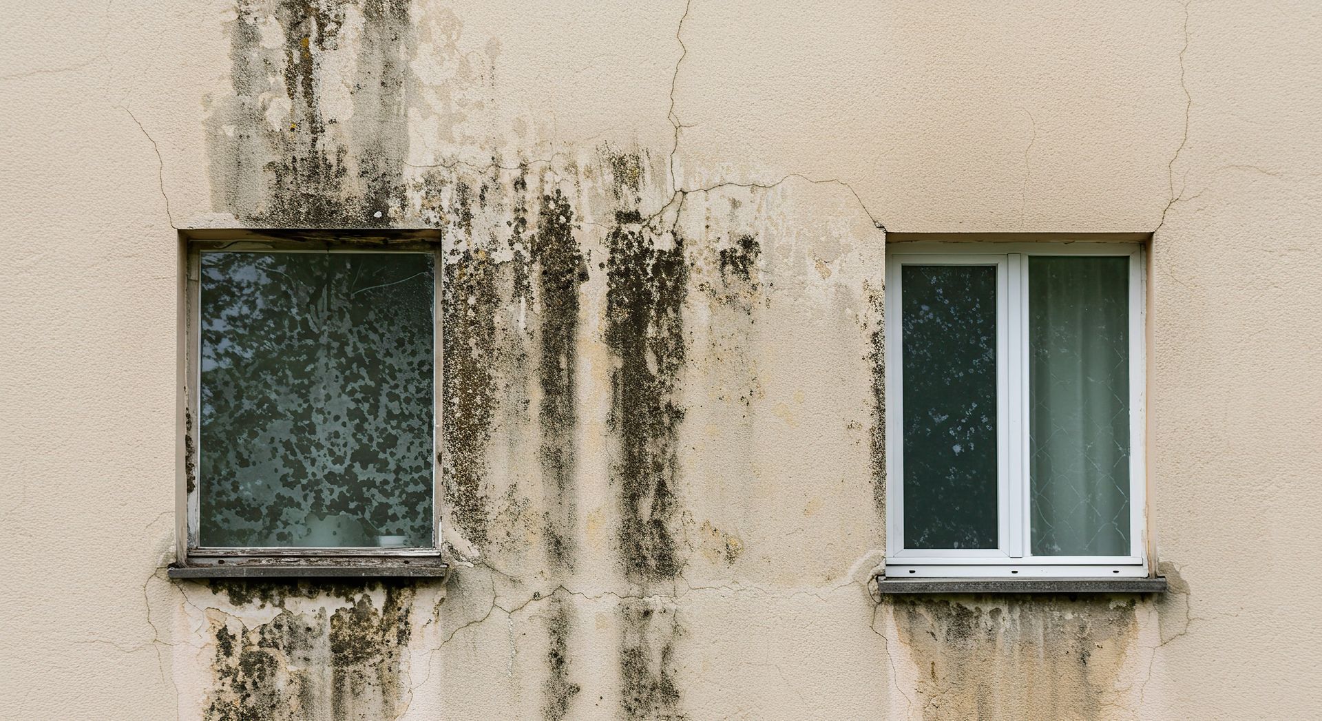 Deux fenêtres sur un mur beige patiné avec des taches sombres, montrant des signes de vieillissement et d'humidité.