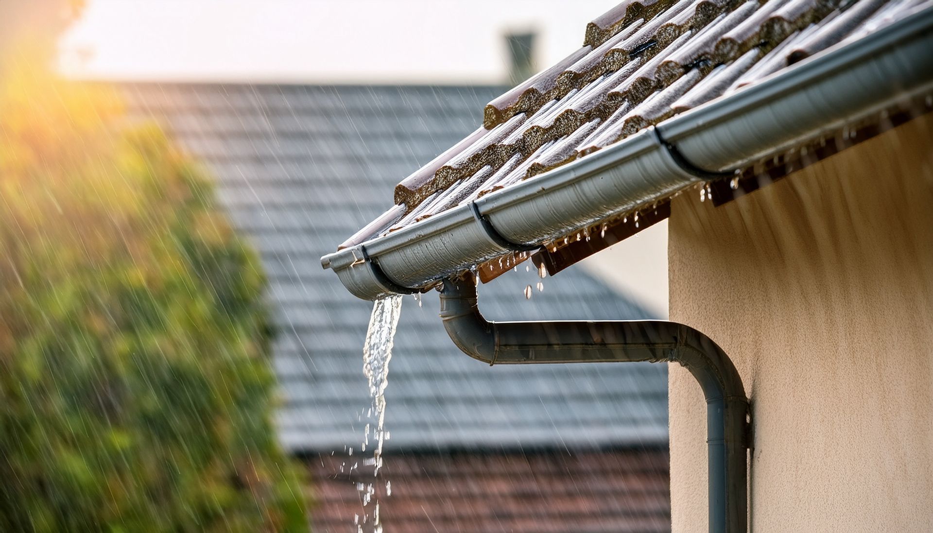 Eau de pluie s'écoulant d'une gouttière grise sur le toit d'une maison lors d'un orage.