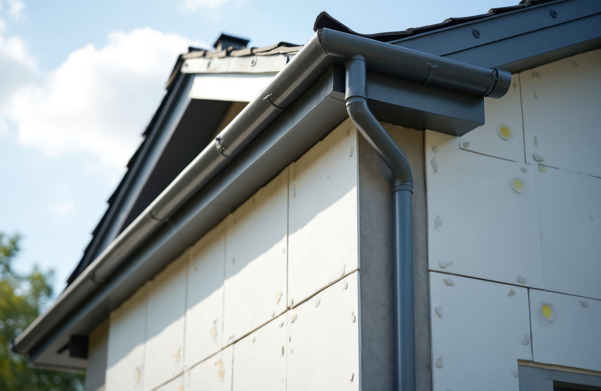 Gouttière grise sur une maison avec un revêtement isolé blanc et un toit sombre contre un ciel nuageux.