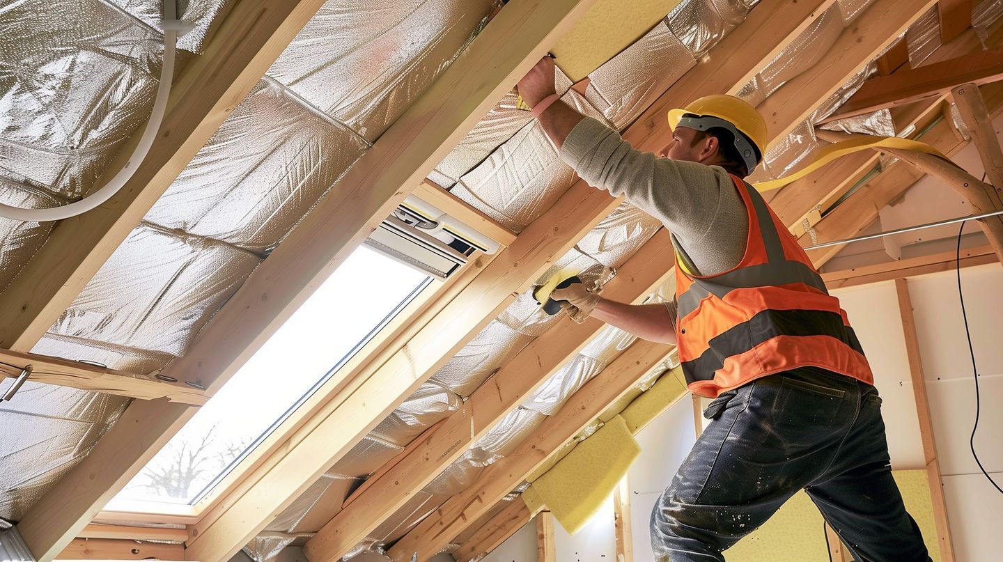 Un ouvrier du bâtiment installe de l'isolant dans un grenier. Il porte un casque et un gilet réfléchissant, sous des poutres en bois.