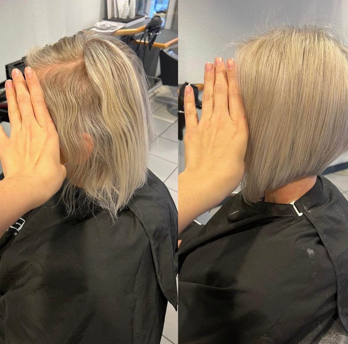 Vorher-Nachher-Bild: Bob-Haarschnitt mit Extensions