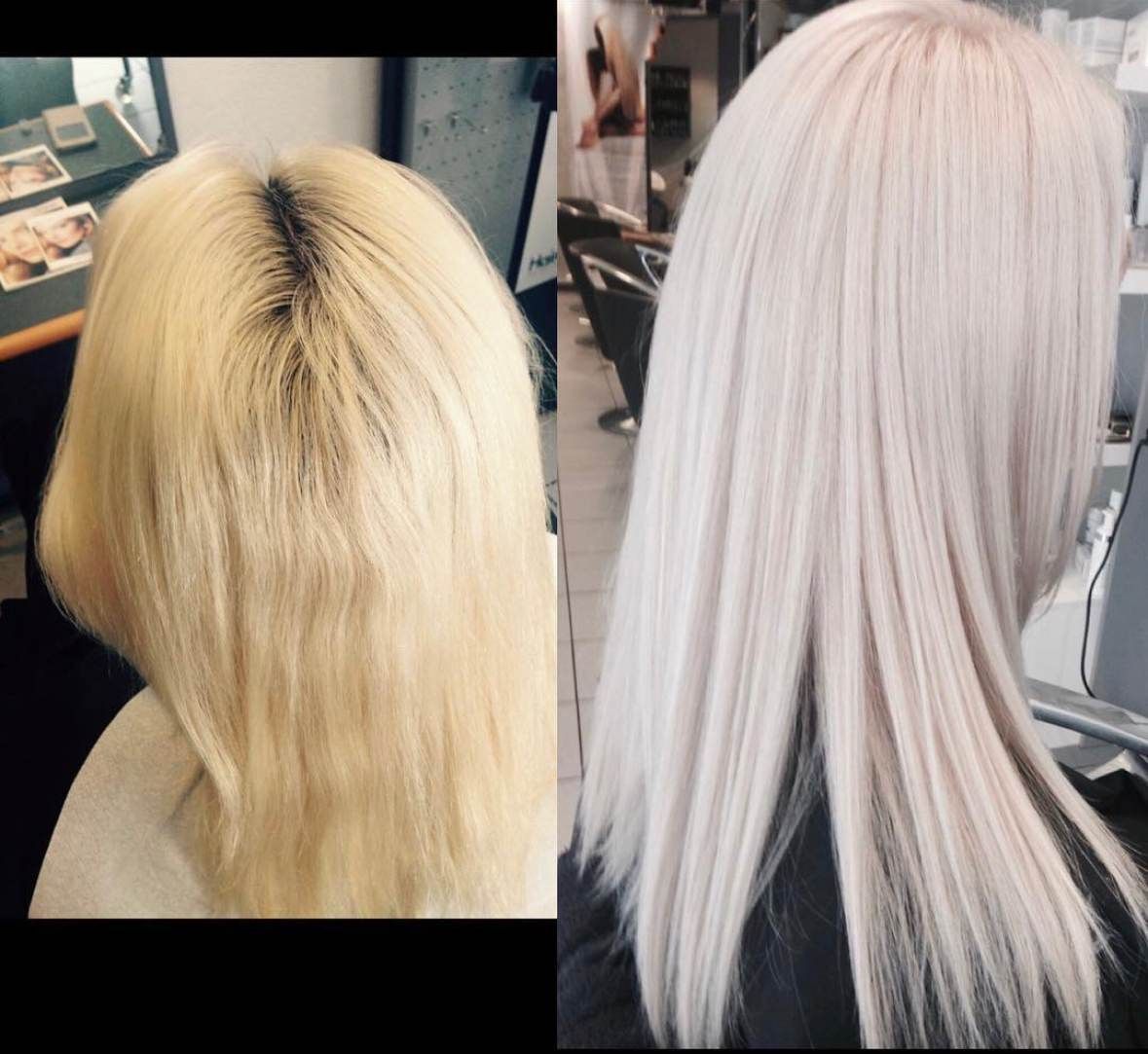 Vorher-Nachher-Bild: Ungesunde blonde Haare zu glatten weiß-grauen Haaren