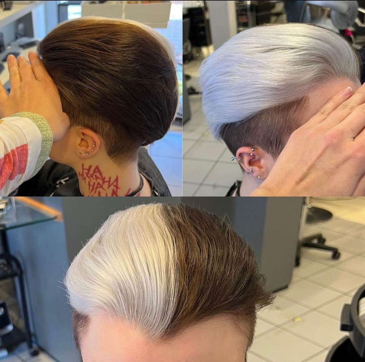 Außergewöhnliche Frisur: Rechte Hälfte der Haare schwarz, linke Hälfte der Haare weiß