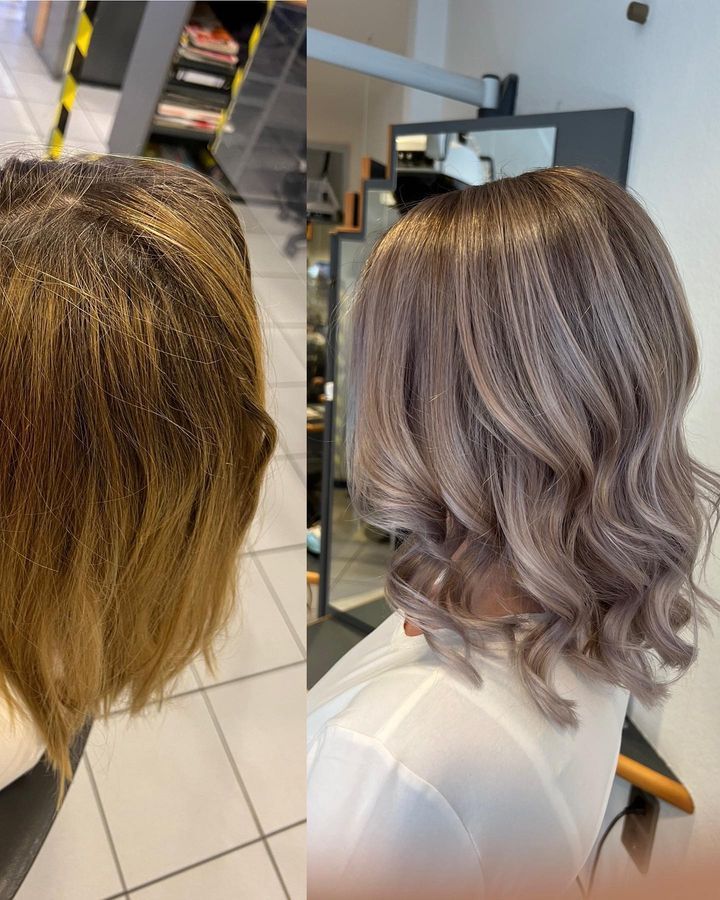 Vorher-Nachher-Bild: Ungesunde blonde Haare zu gepflegten Balayage Haaren