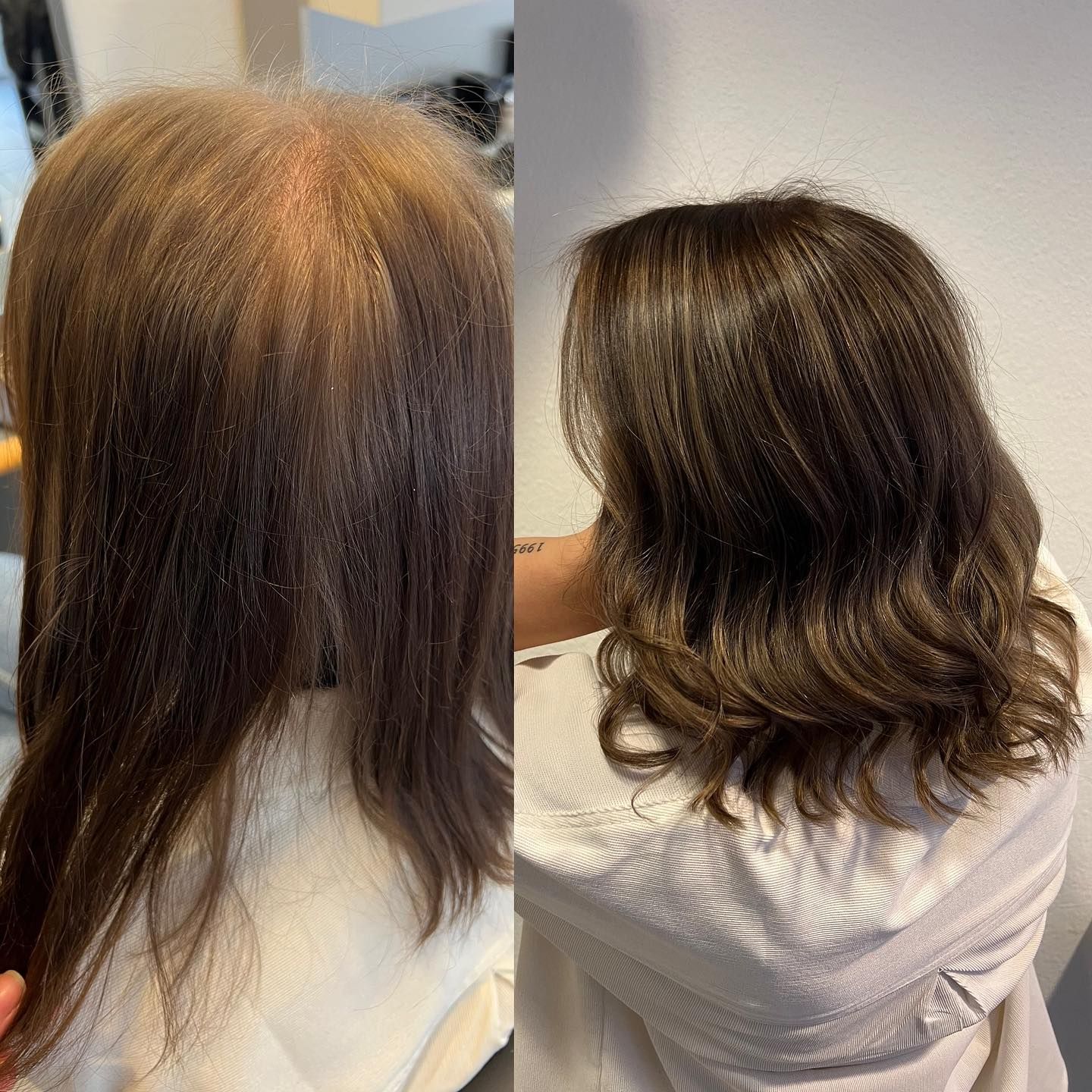 Vorher-Nachher-Bild: Sprödes feines Haar zu gepflegten aufgefüllten Haaren