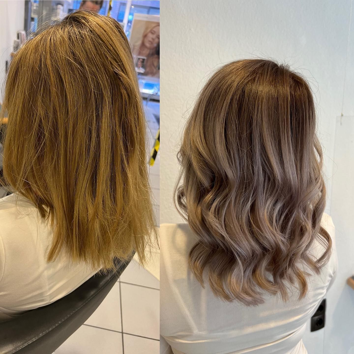 Vorher-Nachher-Bild: Ungesunde blonde Haare zu gepflegten Balayage Haaren