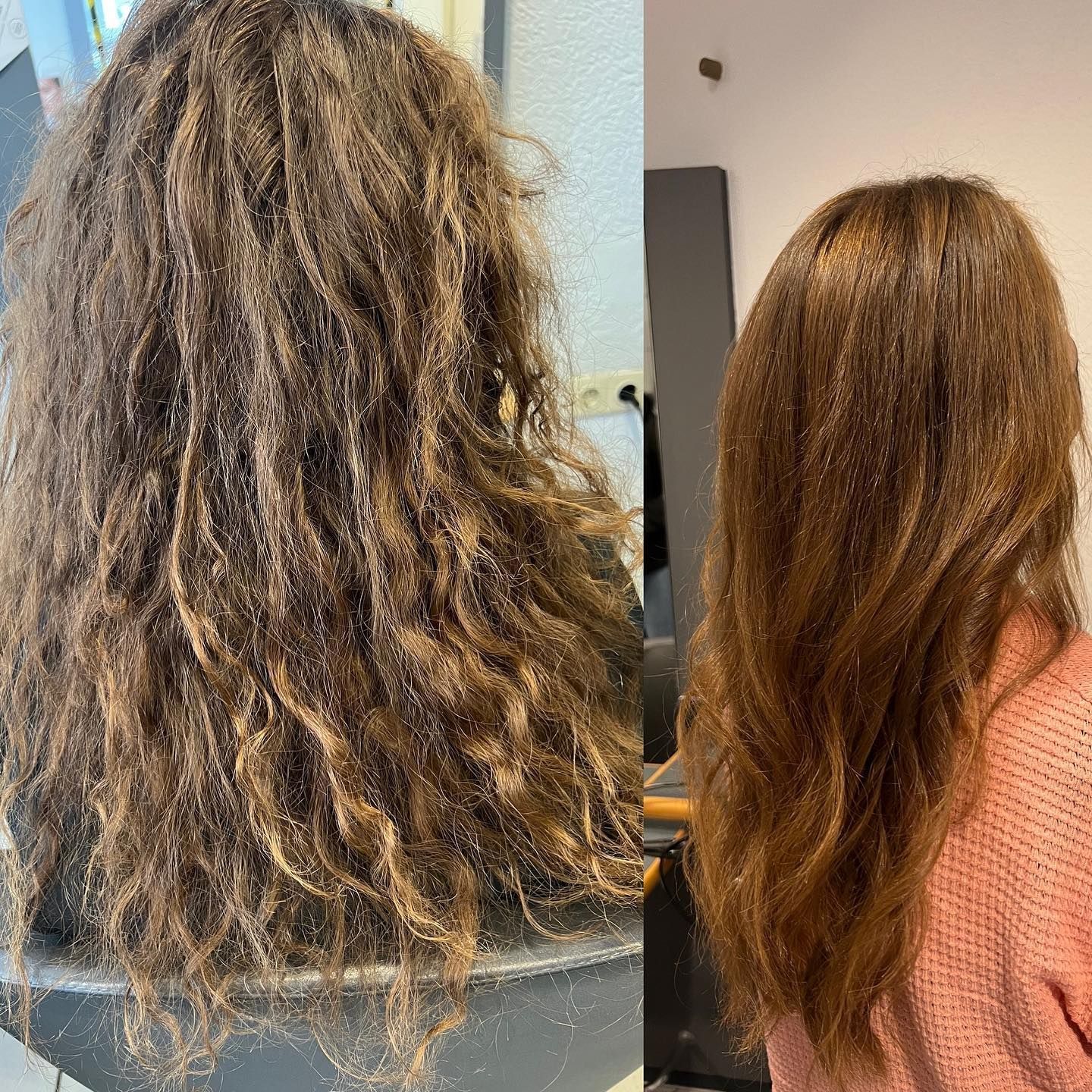 Vorher-Nachher-Bild: Langes, ungesundes, sprödes Haar zu gepflegten glatten Haaren