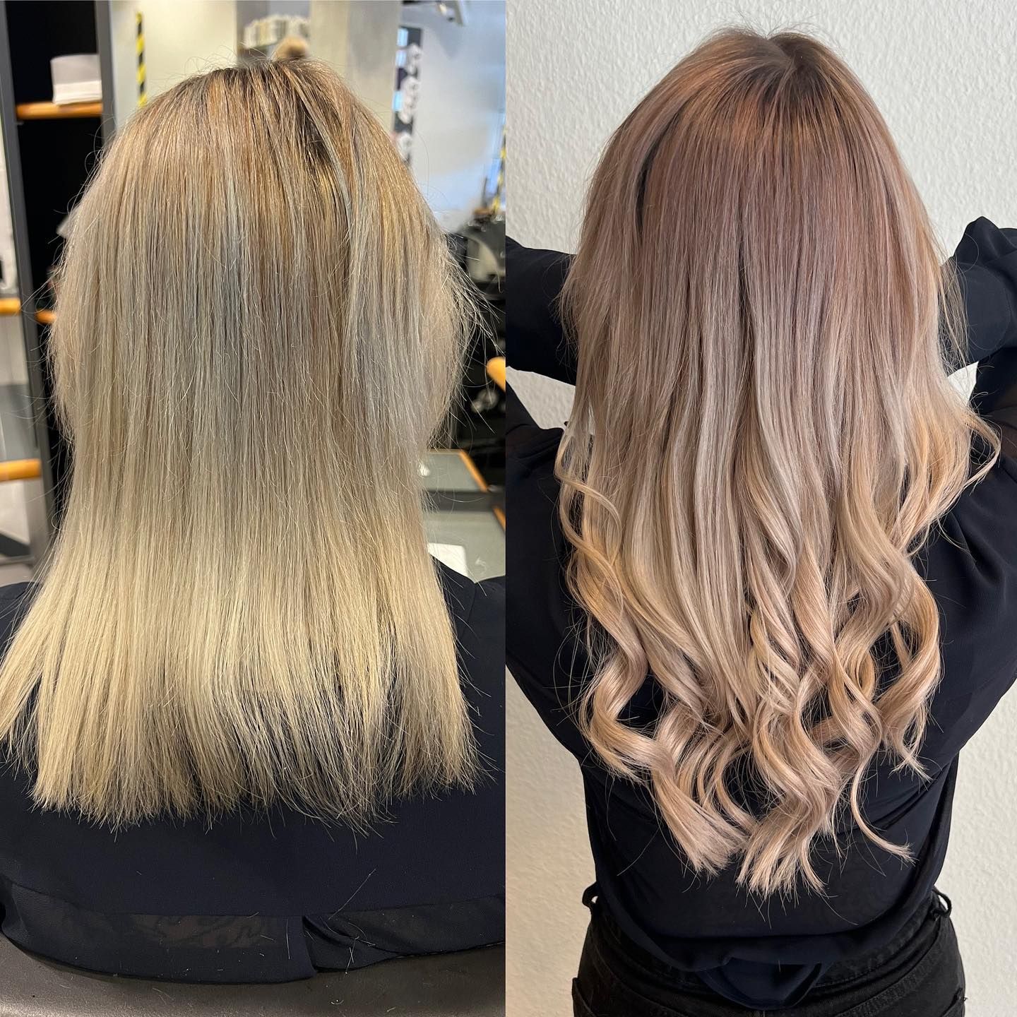 Vorher-Nachher-Bild: Ungesunde blonde Haare zu gepflegten Balayage Haaren