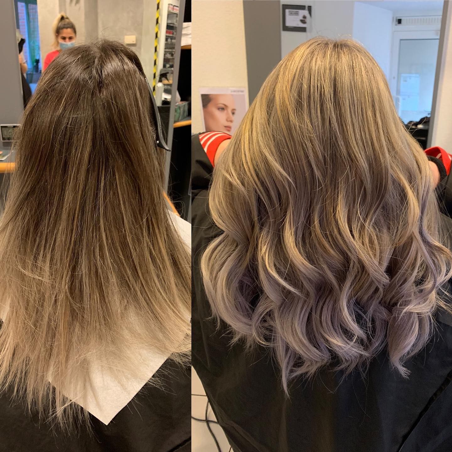 Vorher-Nachher-Bild: Ungesunde blonde Haare zu gepflegten Balayage Haaren