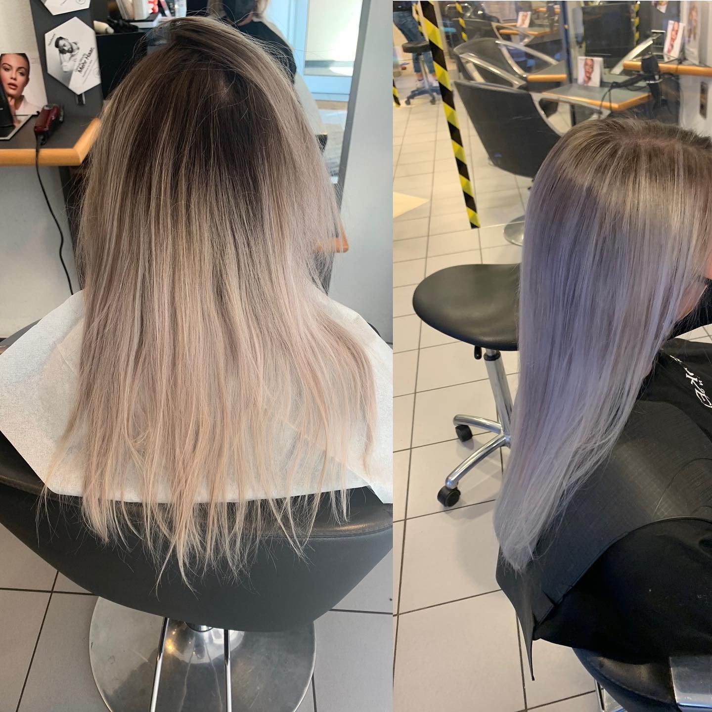 Vorher-Nachher-Bild: Ungesunde schwarz-blonde Haare zu gepflegten hell violetten Haaren