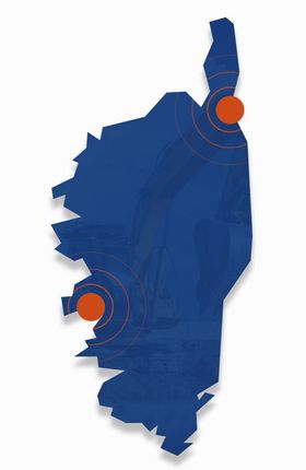 Carte de la Corse avec deux points à Bastia et Ajaccio