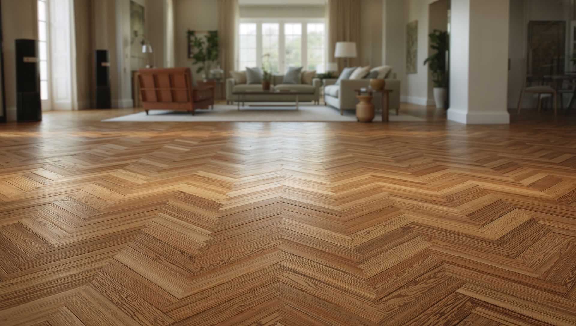 Parquet à chevrons dans un salon baigné de lumière, meublé.