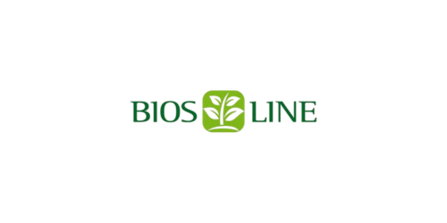 Il logo BIOS LINE presenta una scritta verde scuro con un quadrato verde lime contenente al centro un'icona stilizzata di una pianta bianca.