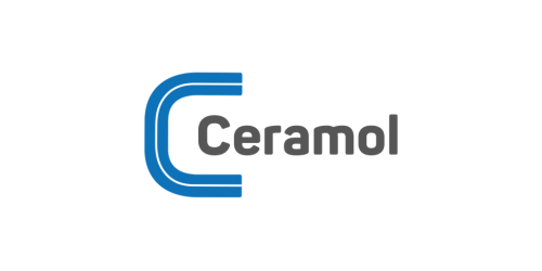 Logo di Ceramol caratterizzato da un'icona stilizzata a forma di C blu accanto al nome del marchio in testo grigio su sfondo bianco.