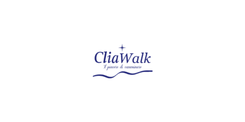 Logo per CliaWalk, caratterizzato dal nome del marchio in blu scuro con una piccola croce sopra e una linea ondulata che lo sottolinea.