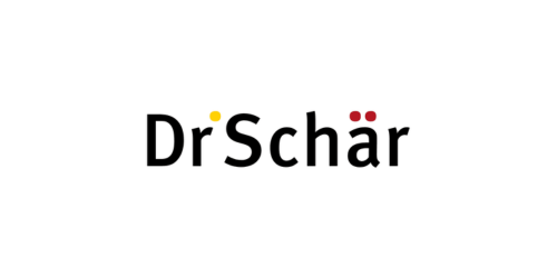Il logo del Dr. Schär: testo nero su sfondo bianco con un punto giallo sopra la 