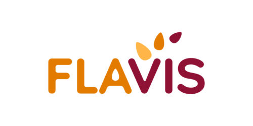 Il logo del marchio FLAVIS, caratterizzato da testo arancione e bordeaux con tre icone astratte a forma di foglia sopra la lettera 'V'.