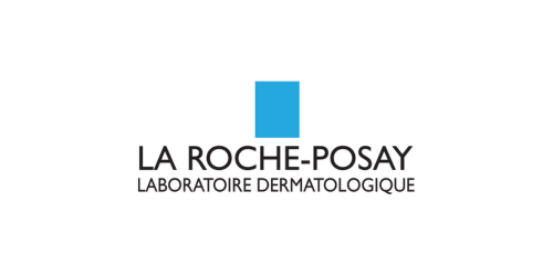 Il logo di La Roche-Posay presenta un quadrato blu sopra il nome del marchio in testo nero, seguito da 