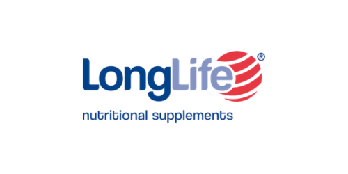 Il logo degli integratori alimentari LongLife presenta una scritta blu e un'icona stilizzata di un globo rosso.