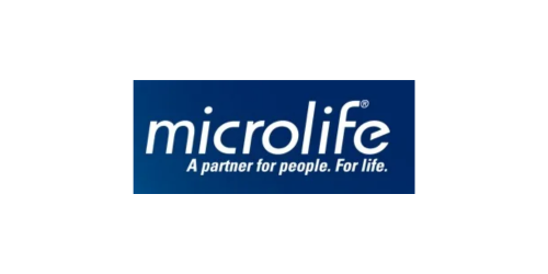 Il logo dell'azienda Microlife, caratterizzato da testo bianco su sfondo rettangolare blu, con lo slogan 