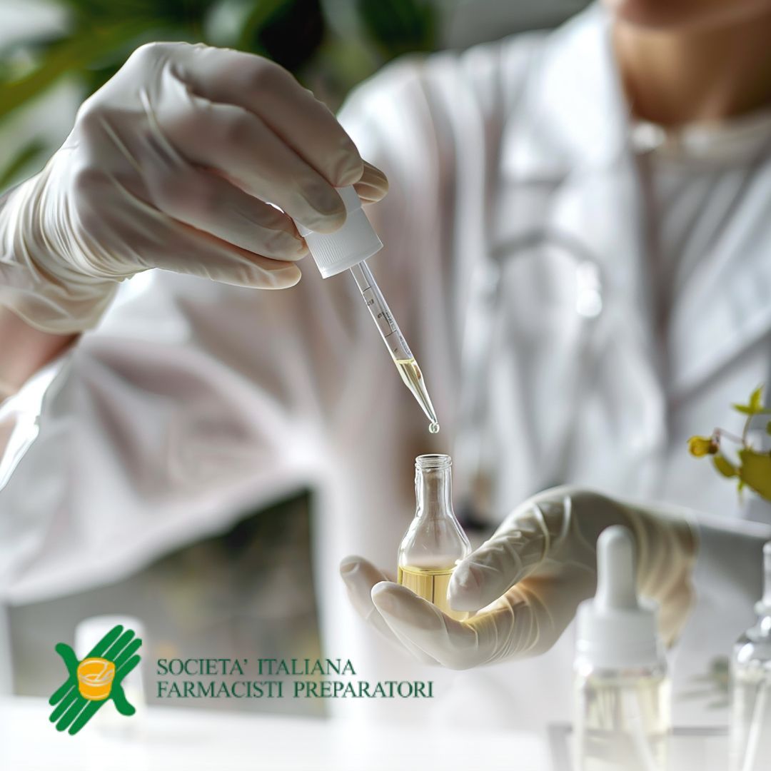 Farmacista con camice bianco che regge un contagocce e inserisce del liquido in un'ampolla. In basso a destra logo con 2 mani stilizzate  verdi che reggono un mortaio arancione di Società Italiana Farmacisti Preparatori