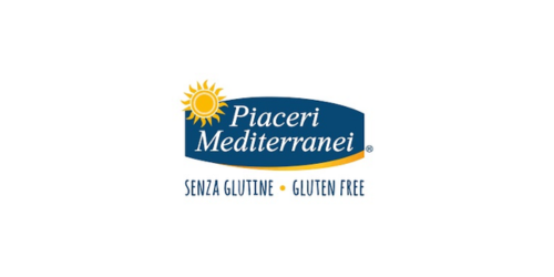 Logo for Piaceri Mediterranei featuring a yellow sun above blue text reading 