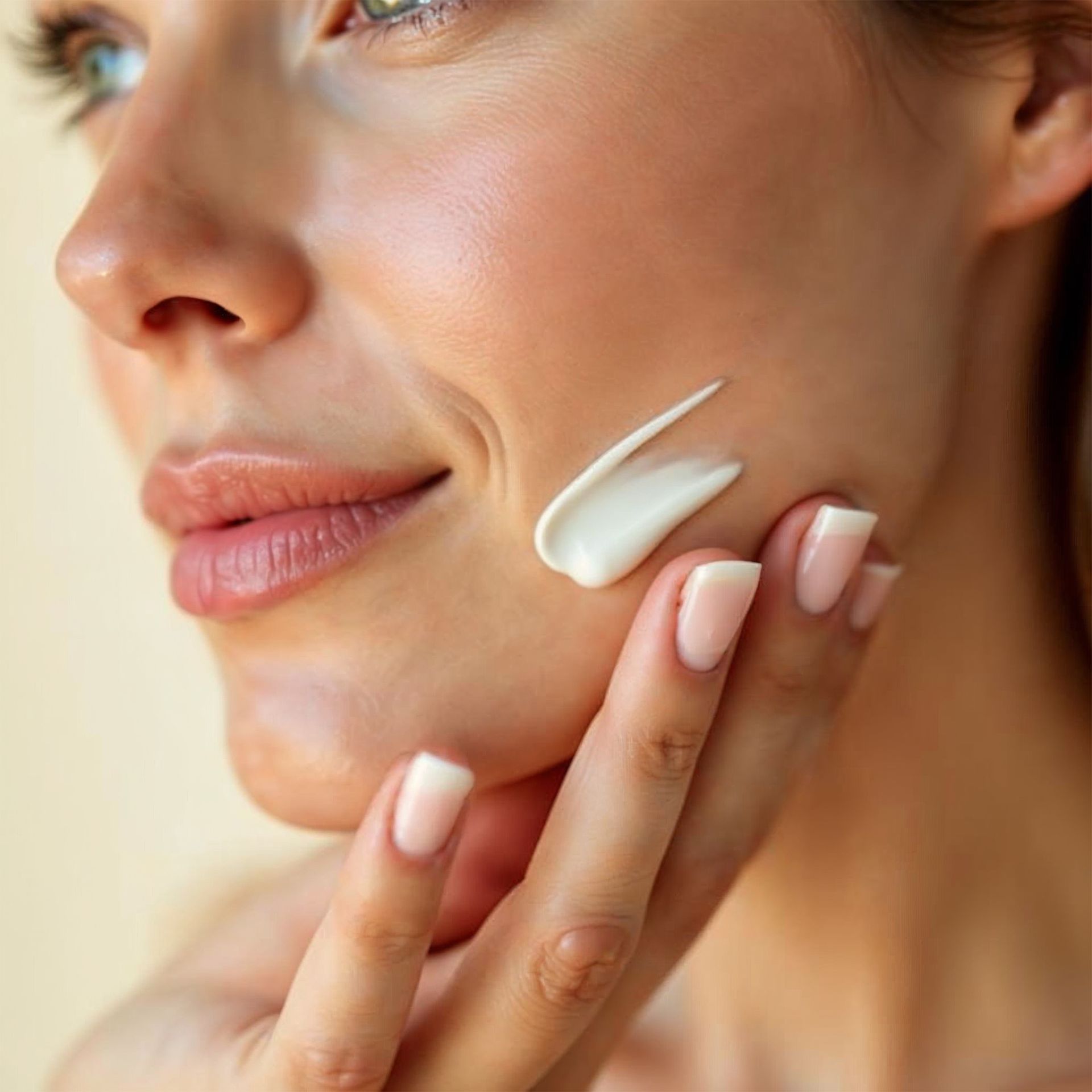 Una persona applica una piccola quantità di crema bianca per la cura della pelle sulla guancia con la punta delle dita.