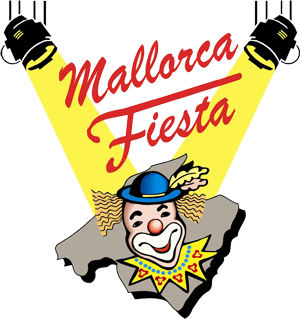 Un logotipo para la fiesta de Mallorca con un payaso en un mapa.