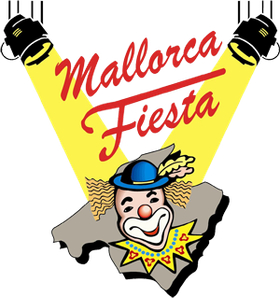 Un logotipo para la fiesta de Mallorca con un payaso en un mapa.