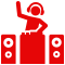 Un icono rojo de un DJ que usa auriculares y reproduce música.