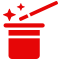 Un icono rojo de un sombrero de mago con una varita y estrellas saliendo de él.