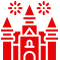Un castillo rojo con tres torres y tres estrellas sobre un fondo blanco.