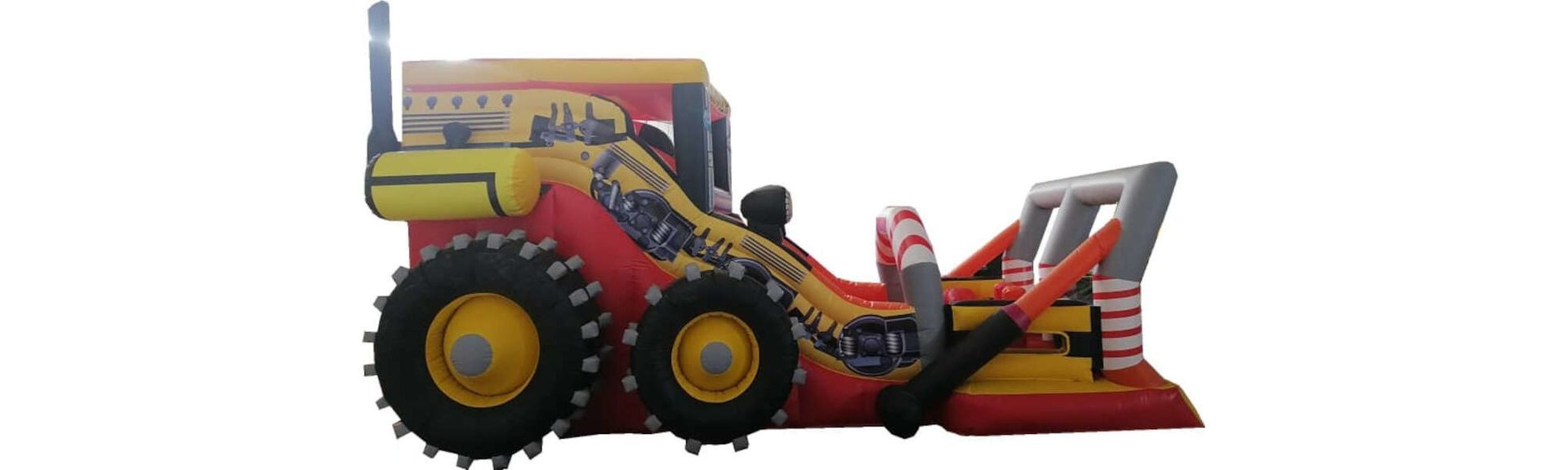 Una excavadora inflable roja y amarilla sobre un fondo blanco.
