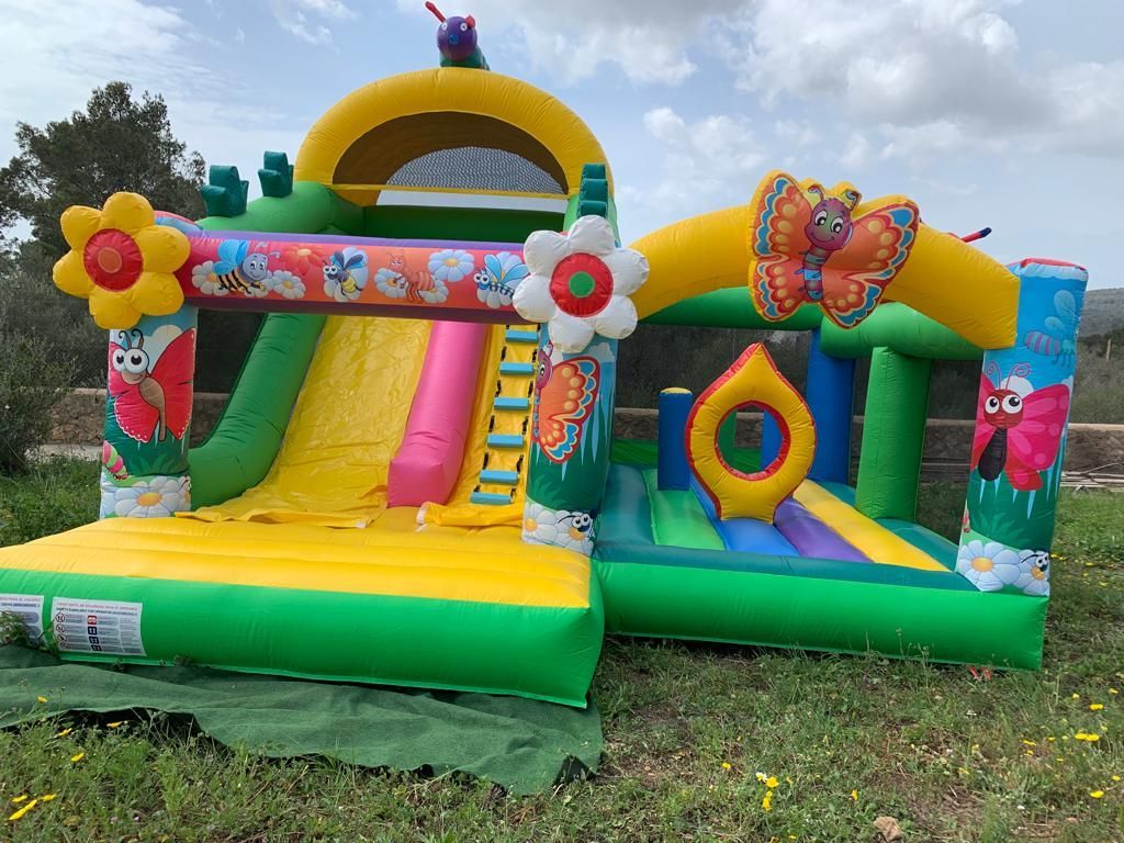 Una casa inflable colorida con un tobogán y una mariposa está en un campo.