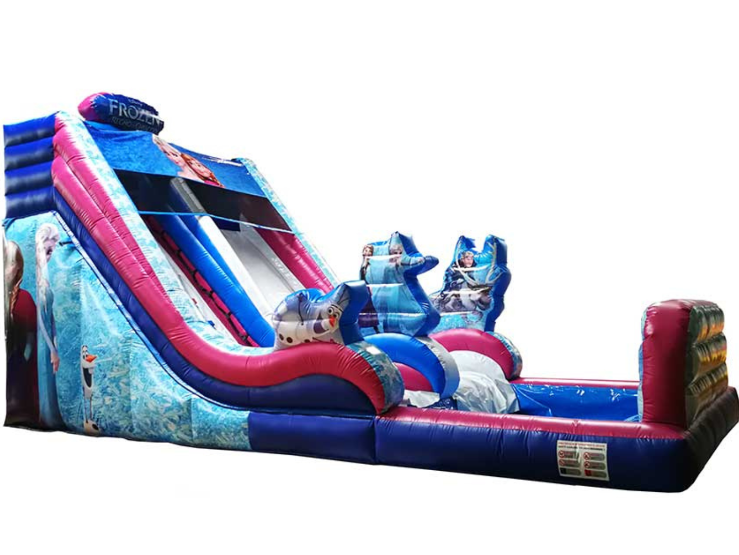 Un gran tobogán de agua inflable con una temática congelada sobre un fondo blanco.