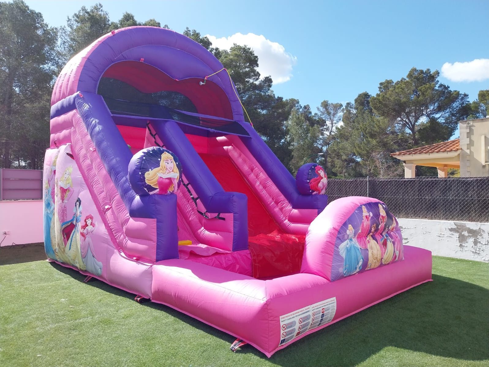 Una casa inflable rosa y morada con princesas en ella.