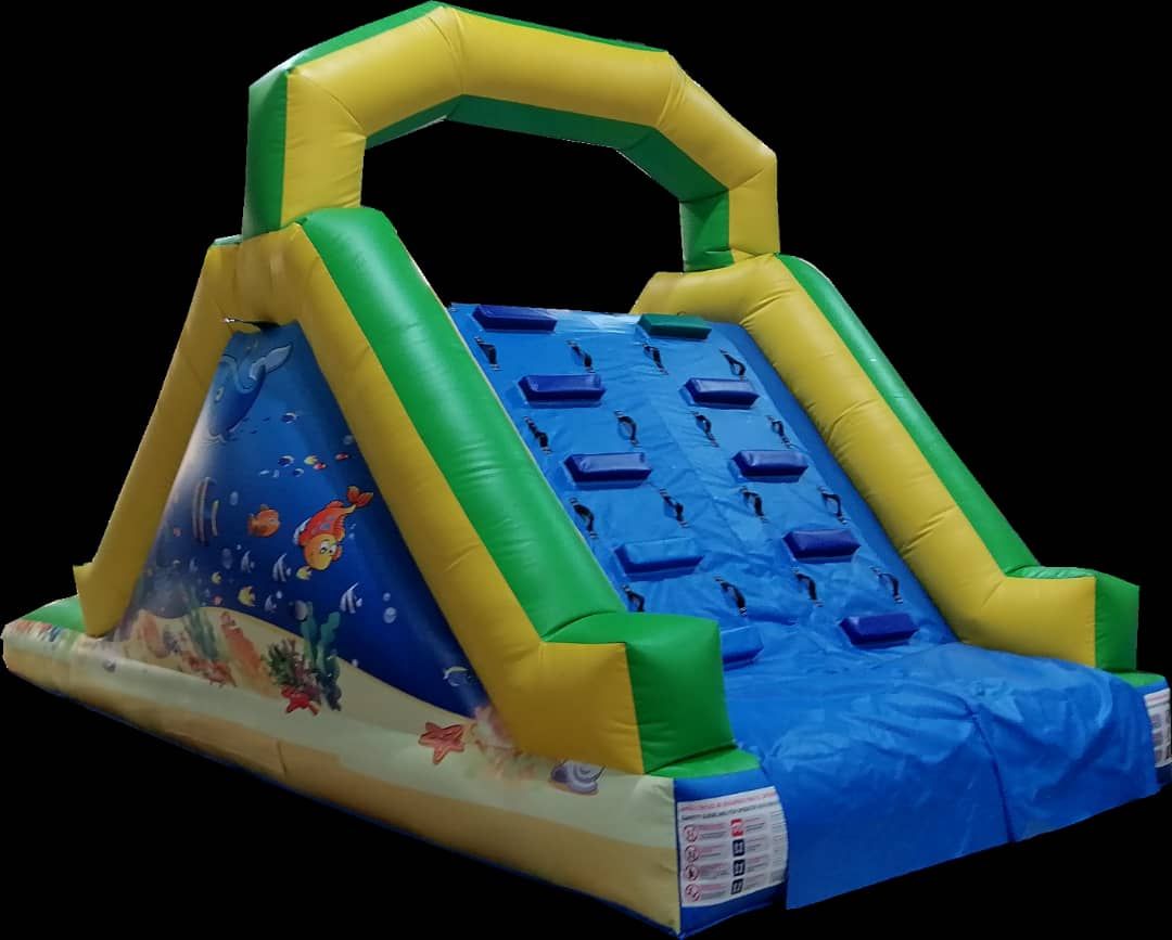 Un gran tobogán inflable está frente a una casa.