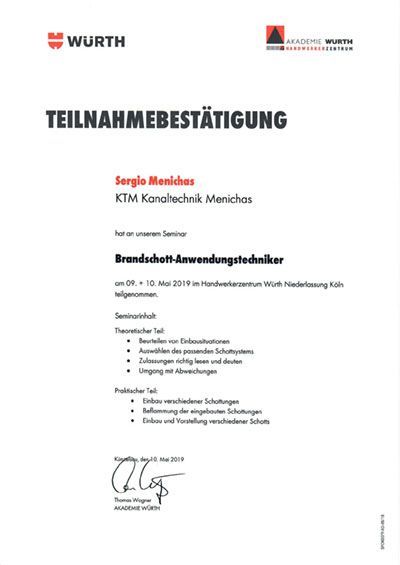 Bescheinigung Brandschott Anwendungstechniker