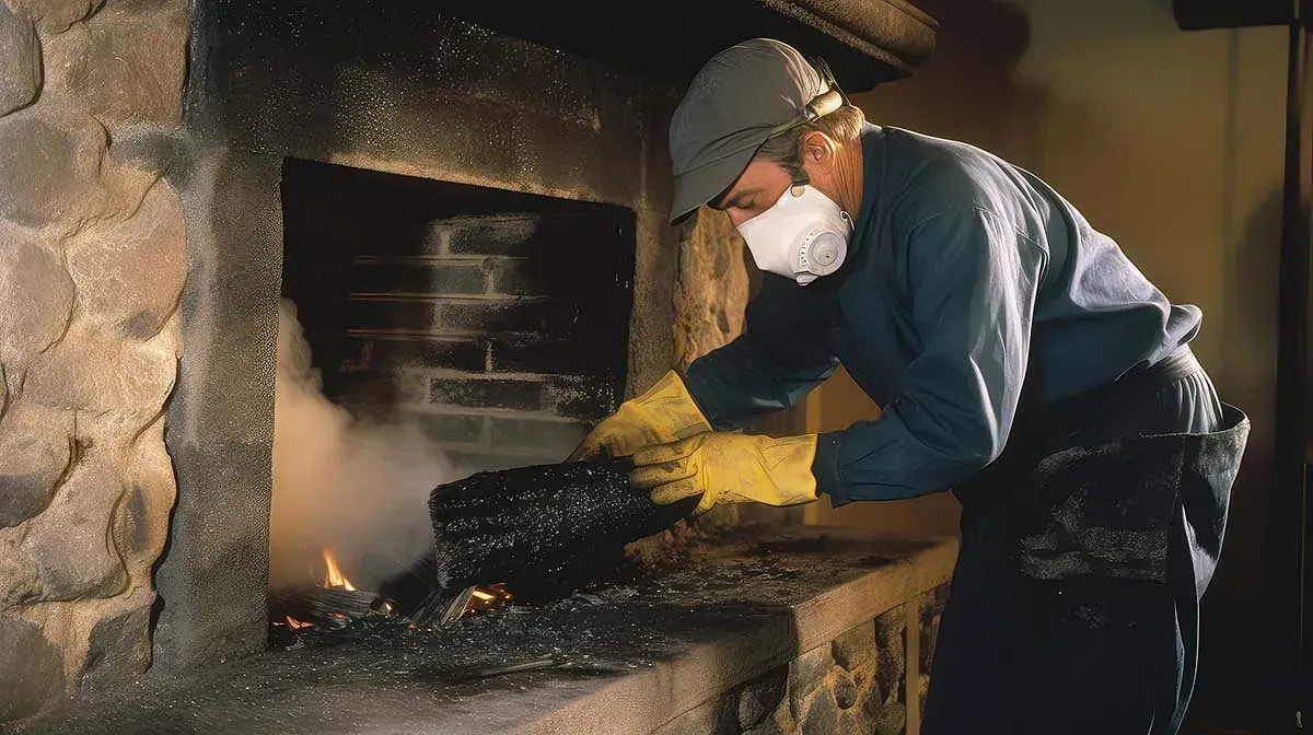 Un hombre que lleva una máscara y guantes está limpiando una chimenea.