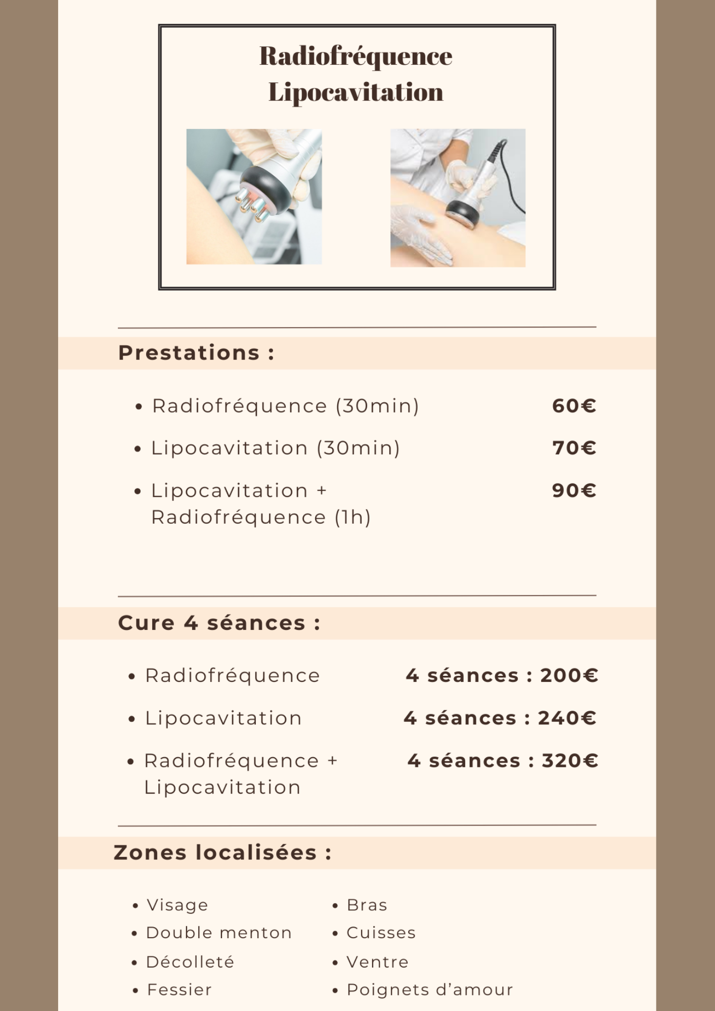Plaquette de tarifs pour la radiofréquence et la lipocavitation